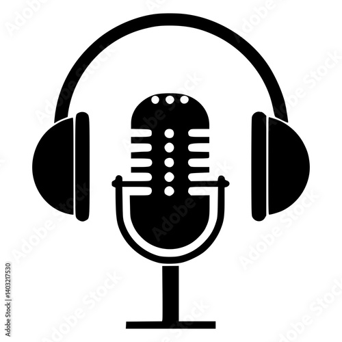 Podcast icon with headphones and microphone, ideal for audio production, radio broadcasting, podcast logo design, streaming apps, sound recording, online radio branding, media platforms