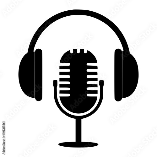 Podcast icon with headphones and microphone, ideal for audio production, radio broadcasting, podcast logo design, streaming apps, sound recording, online radio branding, media platforms