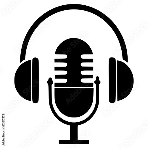Podcast icon with headphones and microphone, ideal for audio production, radio broadcasting, podcast logo design, streaming apps, sound recording, online radio branding, media platforms