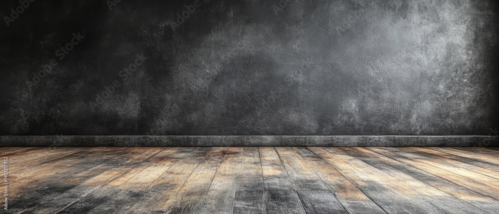 Old wooden floor and a dark, textured wall creates depth and subtle contrast in the setting