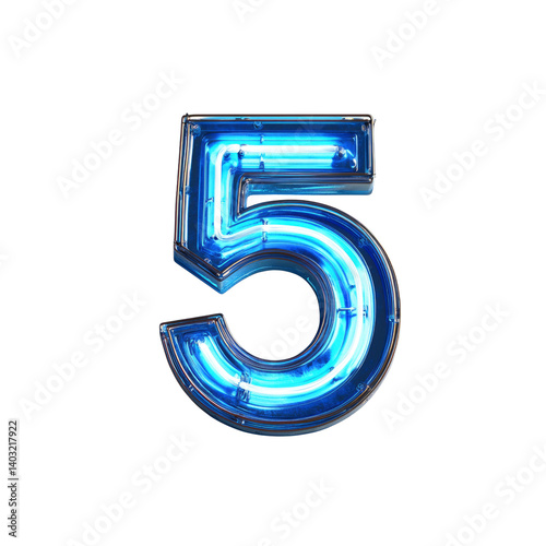 Glowing Neon Number Five - 3D Render of Blue Illuminated Digit