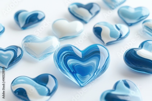 Several beautiful heart shaped objects with swirling shades of blue