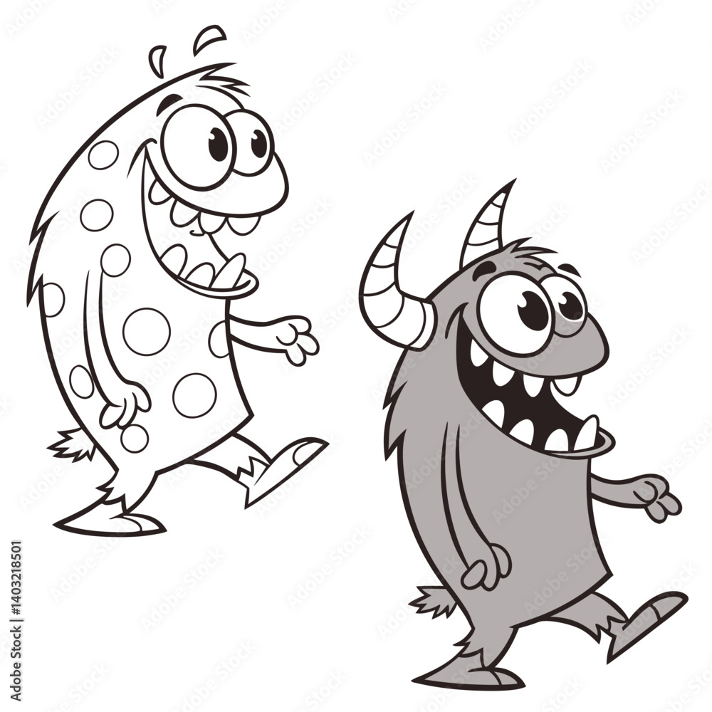 Obraz premium Cute Cartoon Monster Character – Coloring Book Page and Colored Version Side by Side – Fun Kids Illustration