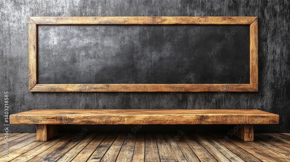 Wooden bench under a rectangular blackboard against a gray textured wall on a wooden floor