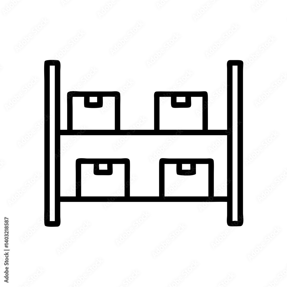 Warehouse shelving system in black and white outline design for office organization Warehouse shelving system in black and white outline design for office organization