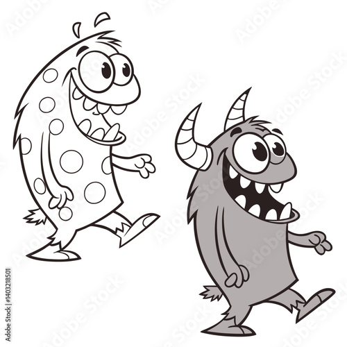 Cute Cartoon Monster Character – Coloring Book Page and Colored Version Side by Side – Fun Kids Illustration