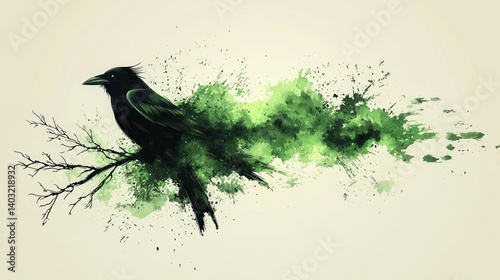 Serene Raven in Green Watercolor Explosion