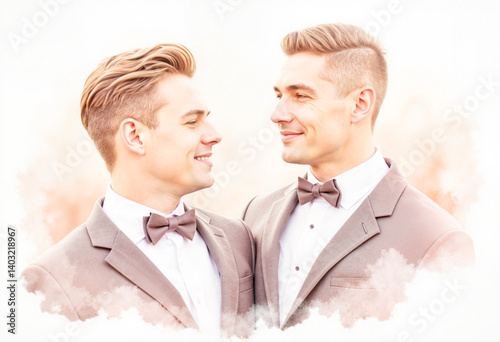 Joyful groom and best man smiling together in soft pastel hues, celebration