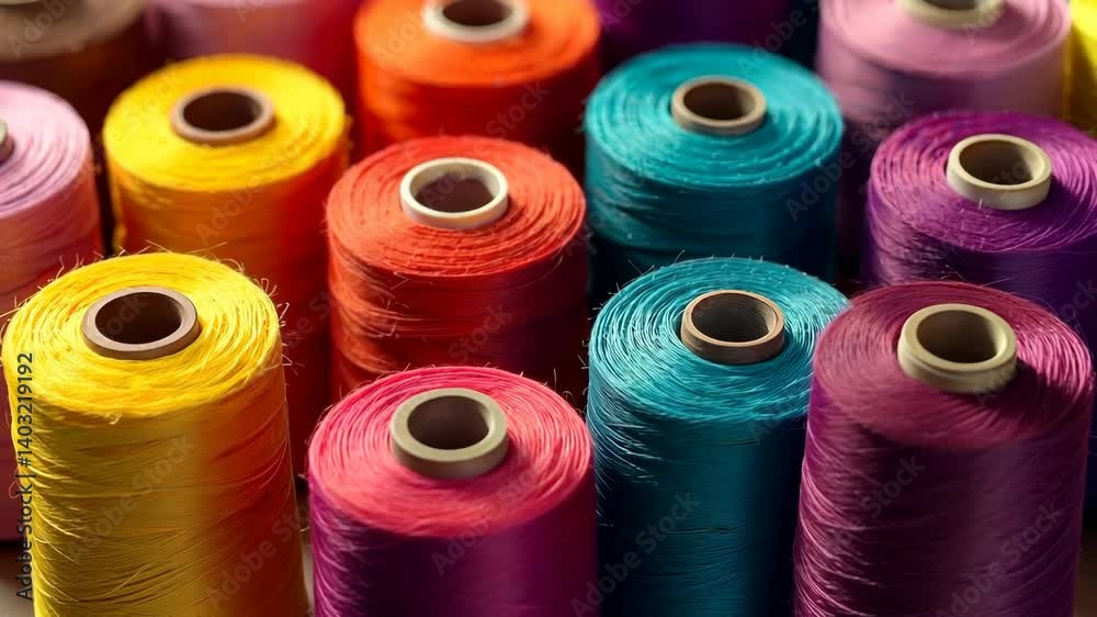 Bright sewing thread spools in multiple colors, realistic photo style, on wooden table, representing textile craft and fashion design