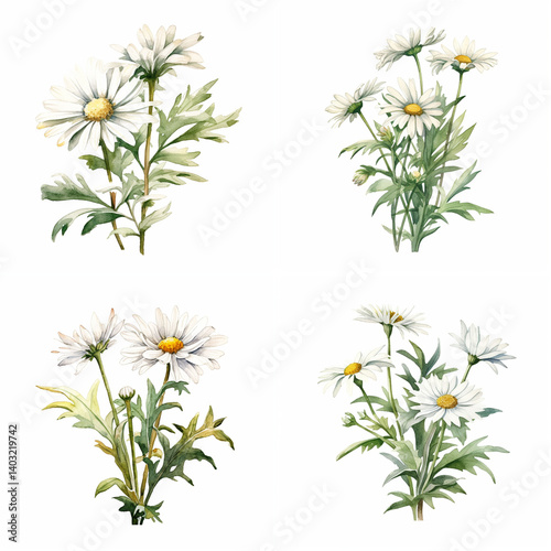 Four artistic depictions of daisy bouquets.