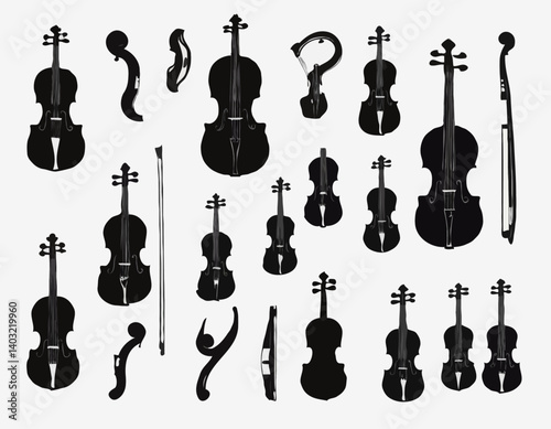 Ensemble de violons. Silhouettes noires vectorielles