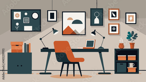 A study area with a wooden desk a comfortable armchair and a gallery wall featuring black and white photos and abstract art.
