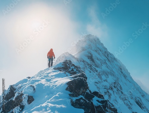 A lone climber ascends a snowy mountain peak under a bright sky.