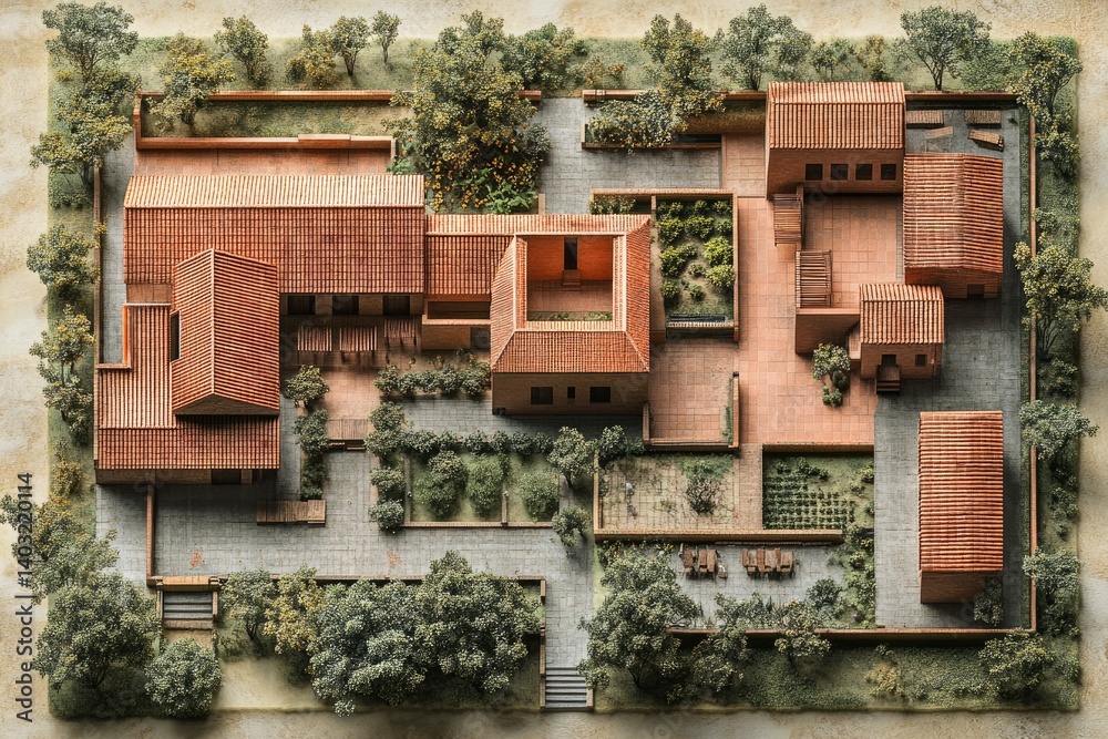 Aerial view reveals a terracotta complex, vegetation blending, and inviting outdoor spaces