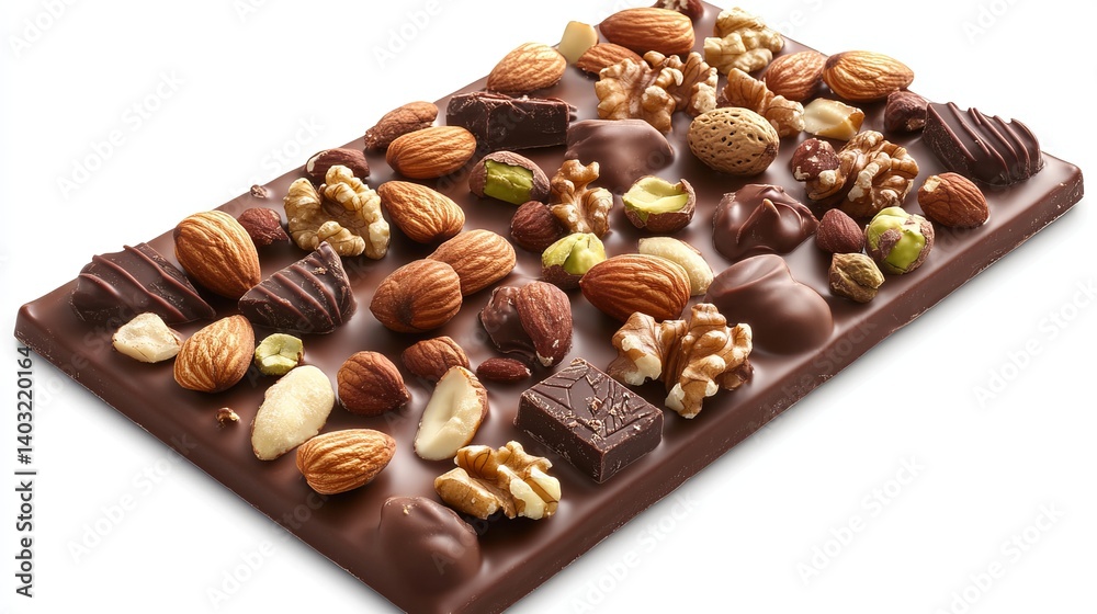 Fototapeta premium Delicious chocolate bar with almonds walnuts and pistachios gourmet dessert sweet treat confectionery food photography