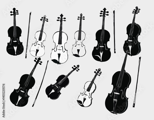 Ensemble de violons. Silhouettes noires vectorielles