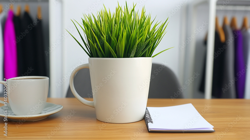 Minimal workspace with coffee, notebook and potted plant Minimal workspace with coffee, notebook and potted plant
