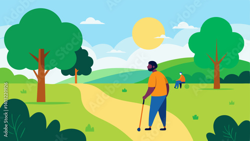 Relaxing in Nature A sunny park landscape where a person with a visual impairment enjoys the sounds of nature being guided by a companion with accessible paths clearly visible in