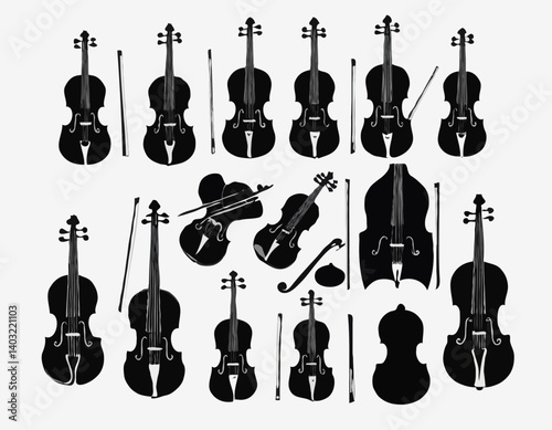Ensemble de violons. Silhouettes noires vectorielles