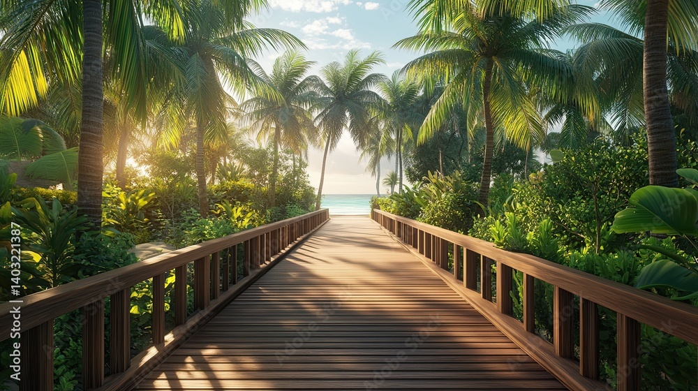 Curved walkway surrounded by palm trees, tropical scenery, relaxation, and vacation vibes, 3D render. Curved walkway surrounded by palm trees, tropical scenery, relaxation, and vacation vibes, 3D render.