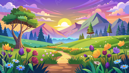 landscape with the blossoming meadow at sunrise