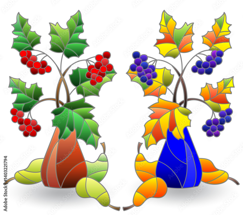 Naklejka premium A set of stained glass illustrations with still lifes, vases with branches and fruits isolated on a white background
