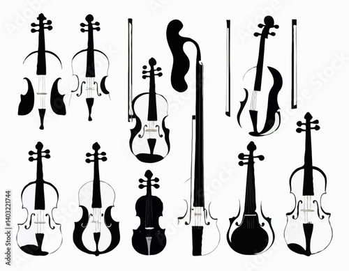 Ensemble de violons. Silhouettes noires vectorielles