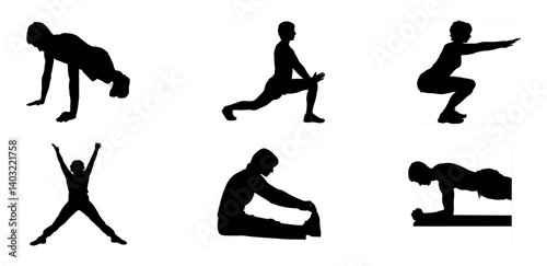 Dynamic Exercise Silhouettes Strong and Balanced Poses in Black.