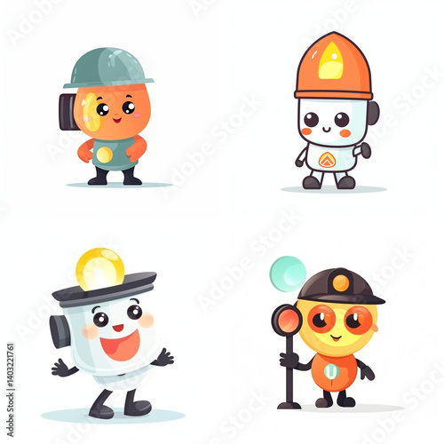 Four adorable robotic characters, each with a unique occupation.