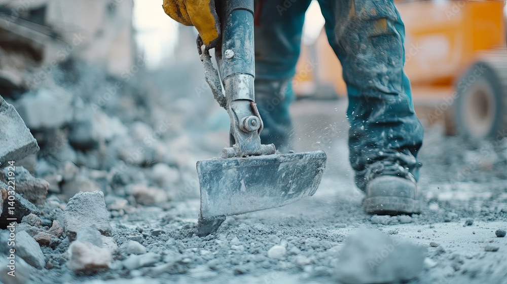Demolition worker using jackhammer to break concrete. Featuring strength and focus Demolition worker using jackhammer to break concrete. Featuring strength and focus