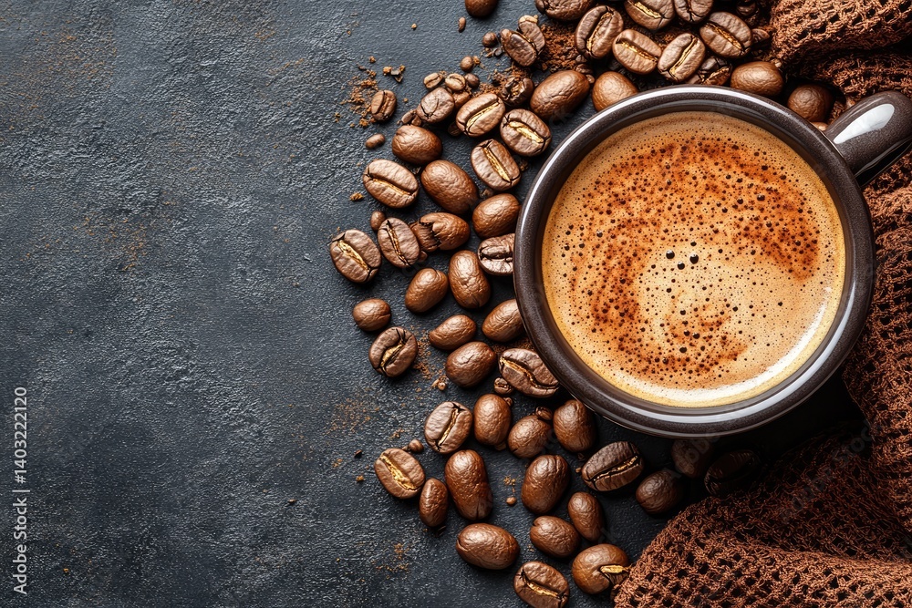 A warm coffee in a cup surrounded by beans and texture on a dark background
