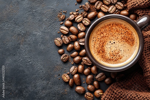 Obraz na płótnie A warm coffee in a cup surrounded by beans and texture on a dark background w salonie