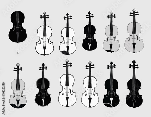 Ensemble de violons. Silhouettes noires vectorielles