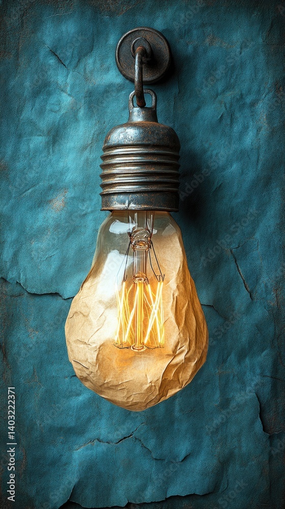 Lit filament bulb hangs on textured teal wall, casting a soft glow