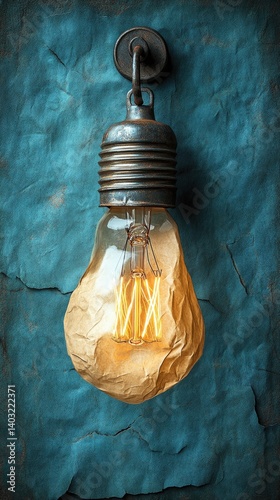 Obraz na płótnie Lit filament bulb hangs on textured teal wall, casting a soft glow w salonie