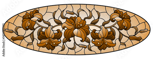 llustration in stained glass style with flowers, leaves and buds of lilies on a sky background, oval image, tone brown