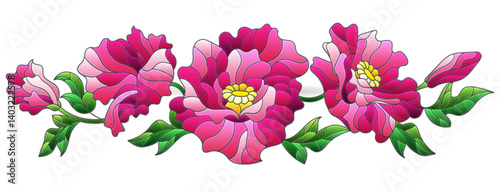 Illustration in the style of stained glass with composition of bright poppies, flowers isolated on a white background