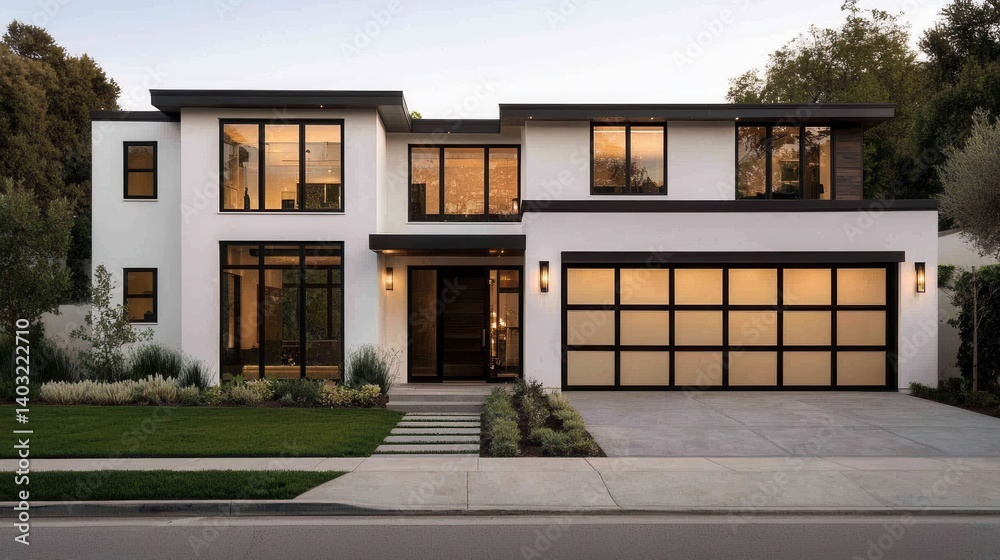 Modern minimalist house exterior with large windows and landscaping Modern minimalist house exterior with large windows and landscaping