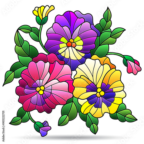 Stained glass illustration with flower arrangements of pansies, flowers isolated on a white background