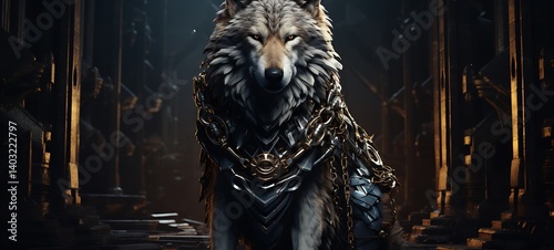 A fierce Direwolf with an armoured shield Diamond, ai generative