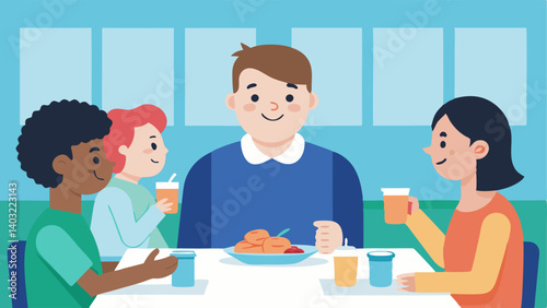Lunch Buddies A lunchroom scene where a student with an intellectual disability is joyfully sharing a meal with a group of classmates who are actively including them in the