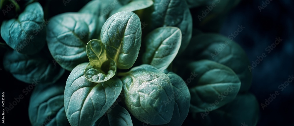 Obraz premium Close-up of lush green leaves with water droplets, showcasing the freshness and natural vitality of the plant.