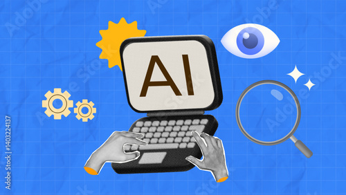 AI technology with hands typing on a laptop, magnifying glass, gears, and eyes icon, artificial intelligence, machine learning, and innovation
