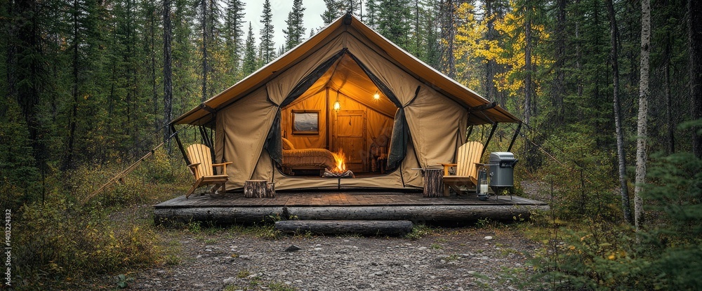 Lit tent with a fire inside sits on a wooden platform in a forest, inviting warmth