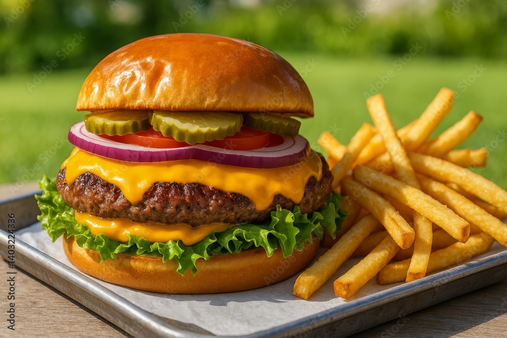 Classic Cheeseburger with Fries on Metal Tray Classic Cheeseburger with Fries on Metal Tray