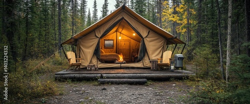 Obraz na płótnie Lit tent with a fire inside sits on a wooden platform in a forest, inviting warmth w salonie