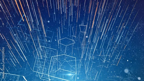 Abstract blue background featuring geometric network patterns, lines, and particles creates a futuristic data visualization.