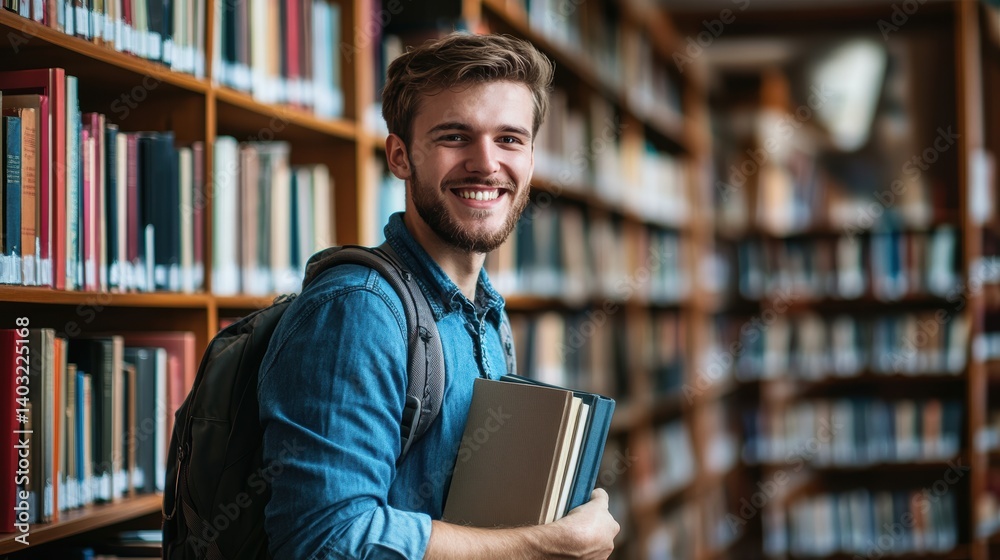 Handsome Smile student man with backpack and books in library, education, university, cheerful, college, happy, standing, school, backpack, attractive, enjoyment, confidence Handsome Smile student man with backpack and books in library, education, university, cheerful, college, happy, standing, school, backpack, attractive, enjoyment, confidence