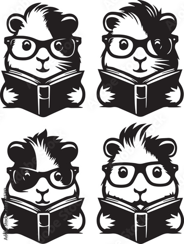 Cute Guinea Pigs in Glasses Reading Books. Four adorable cartoon guinea pigs, each wearing stylish glasses and engrossed in reading a book, create a whimsical and educational image.