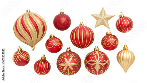 red and gold christmas tree decoration baubles on on white background PNG. AI GENERATED